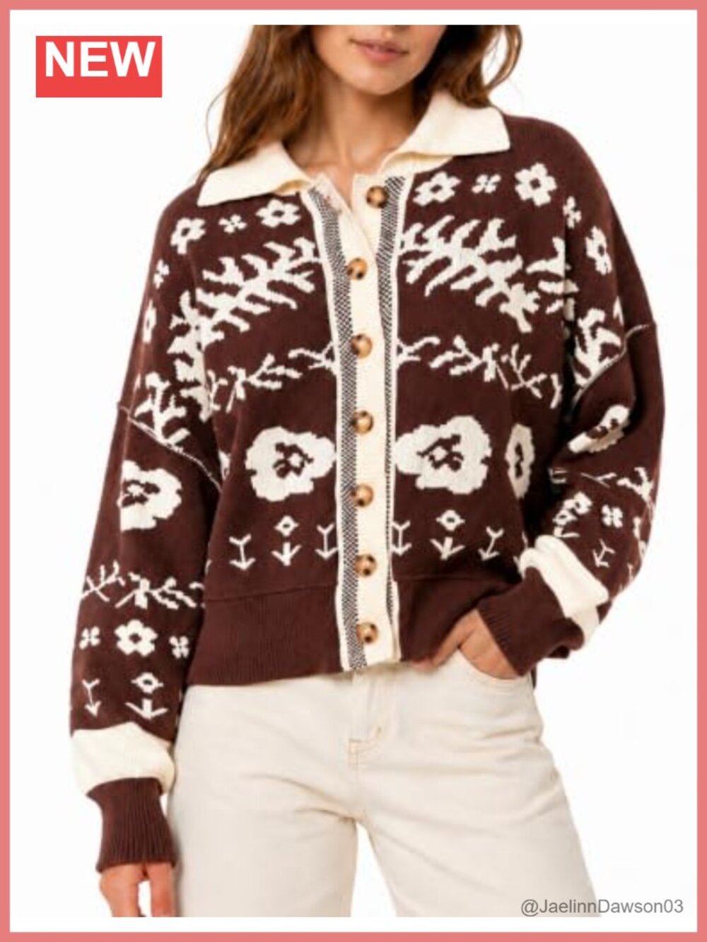 Womens Boho Knit Cardigan Sweater Floral Button Down Cropped
